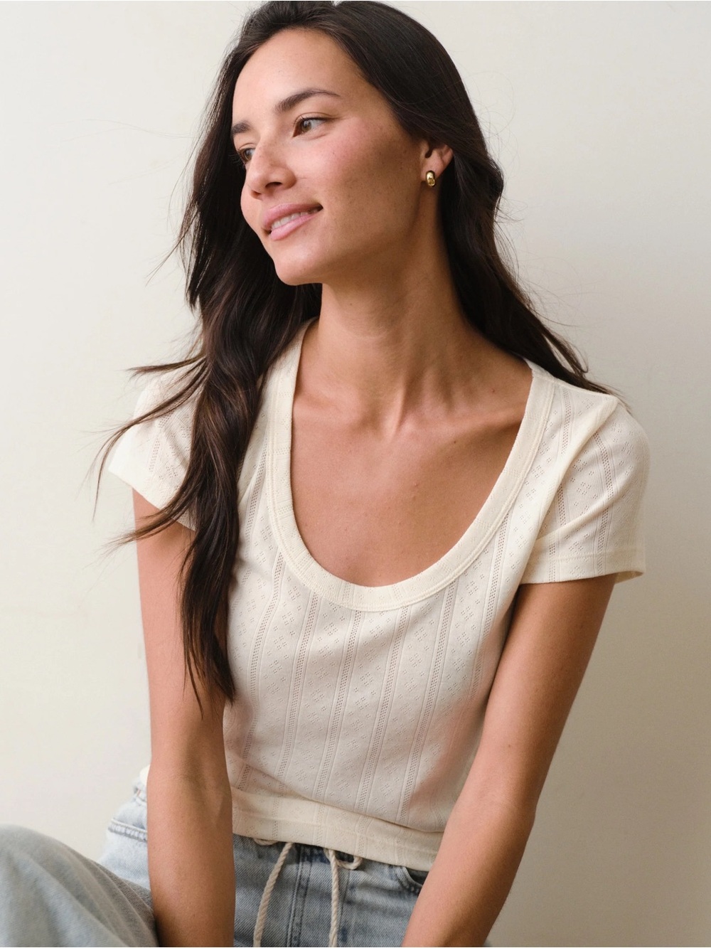 Marine Layer Lexi Pointelle Scoop Tee - Extra Small / Antique White XS NWT